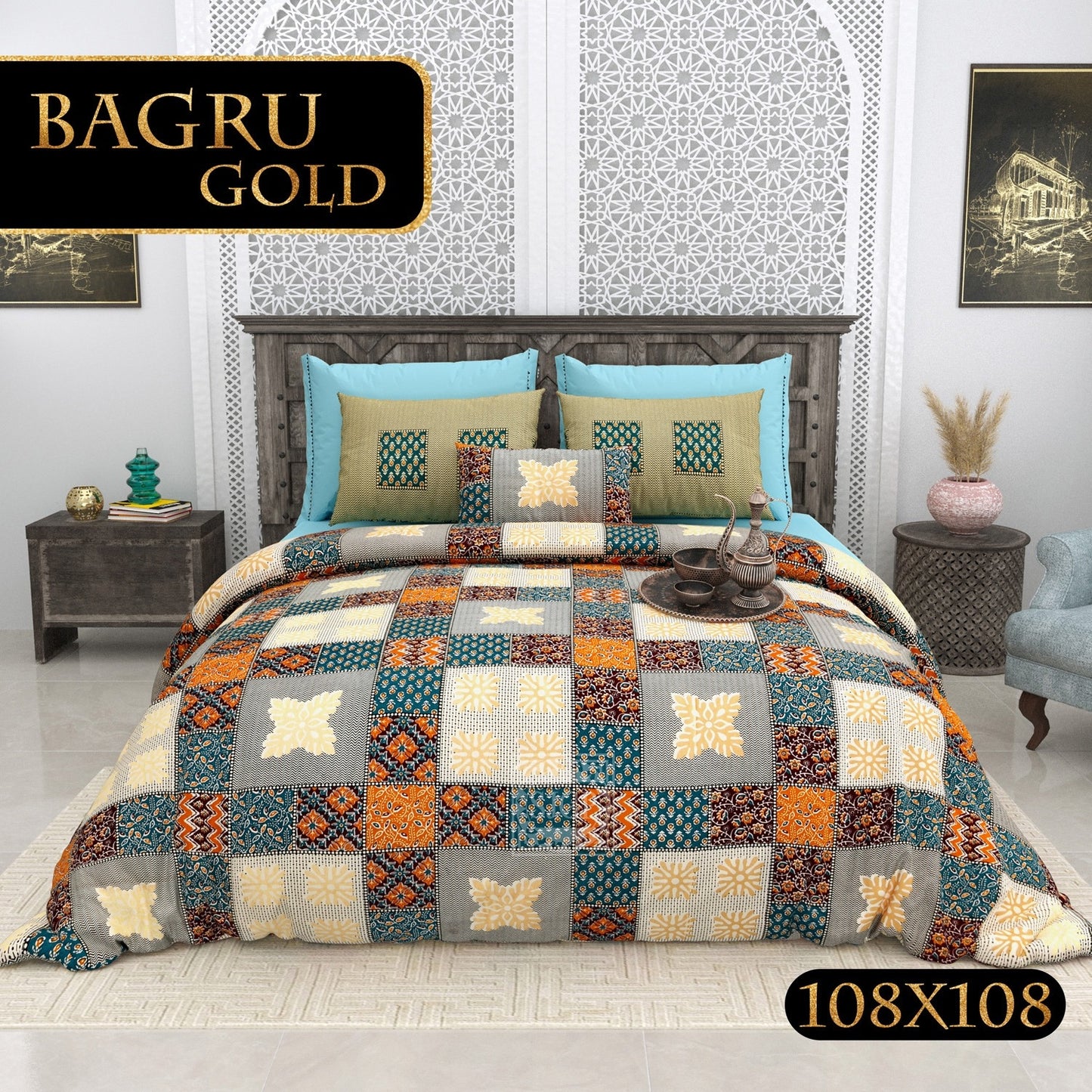 BAGRU GOLD FESTIVE OCASSION DESIGN 1 KING SIZE BEDSHEET