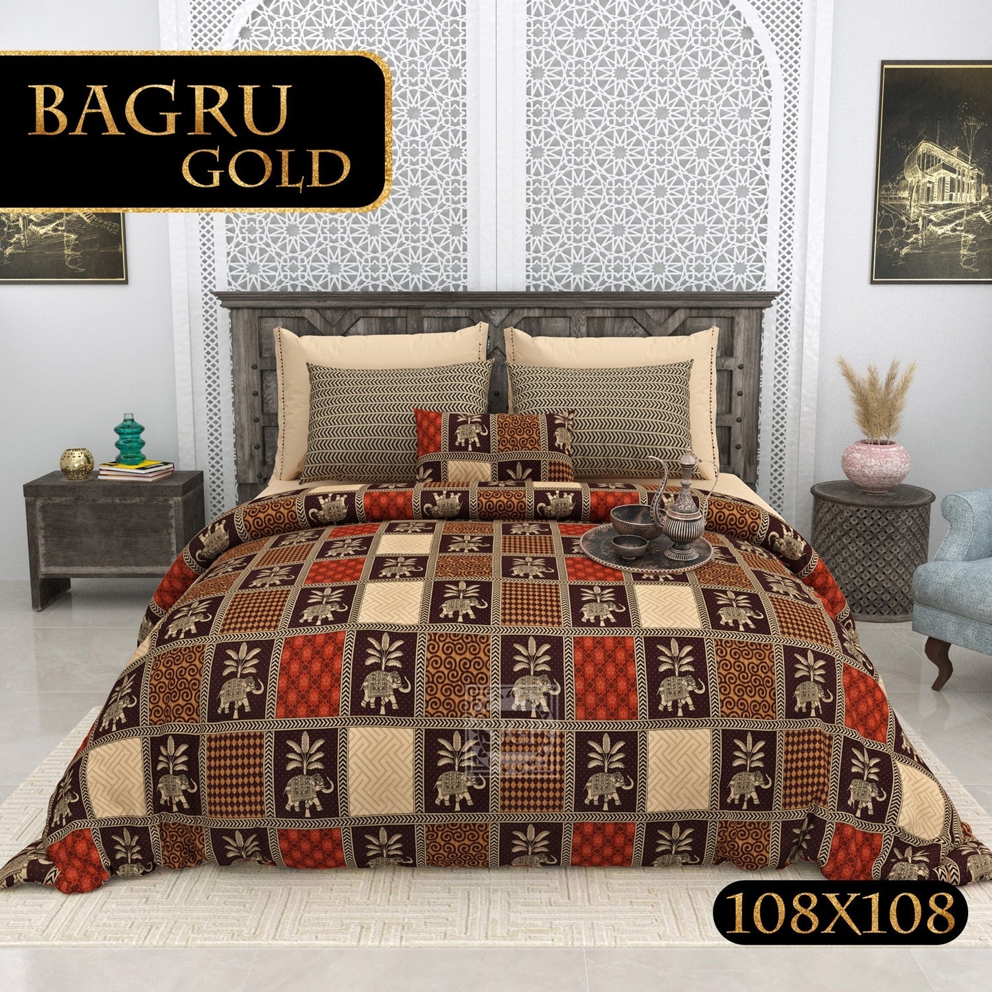 BAGRU GOLD FESTIVE OCCASION DESIGN 2 KING SIZE BEDSHEET