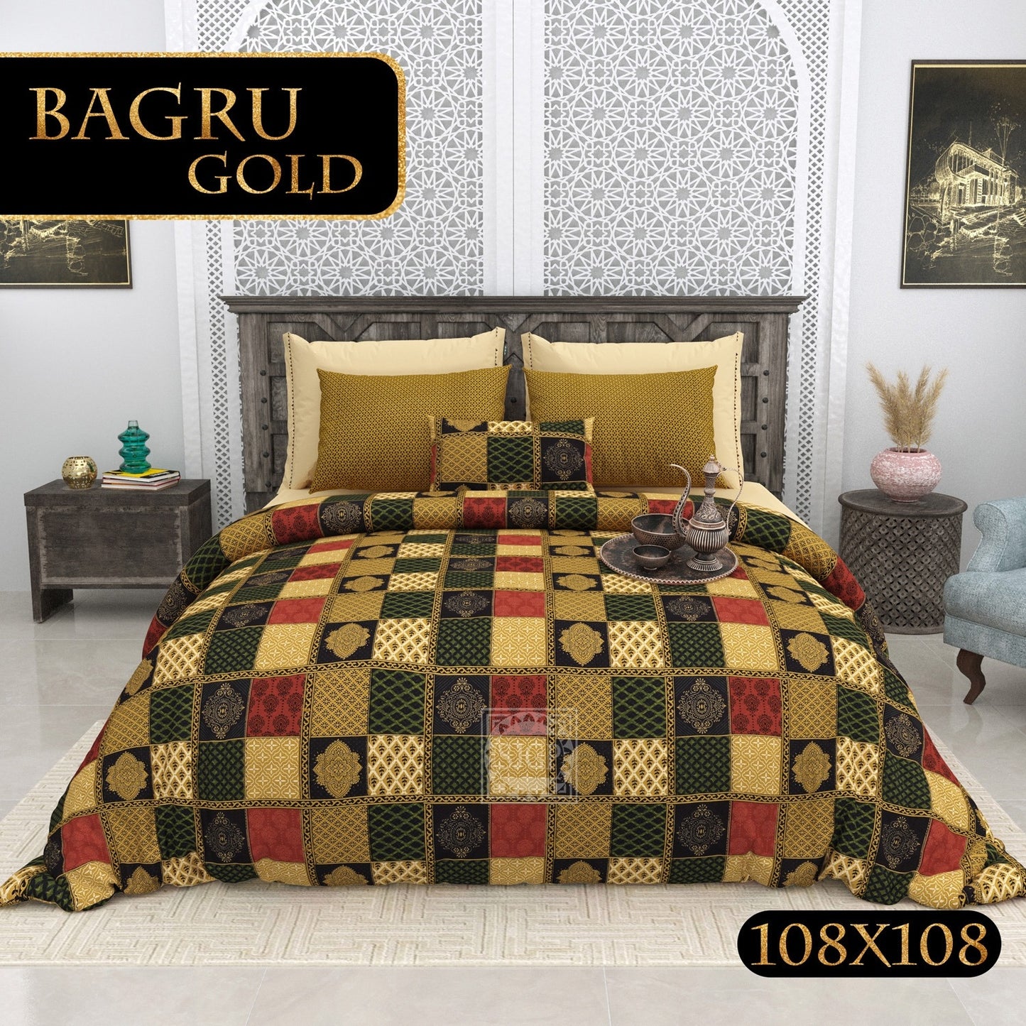 BAGRU GOLD FESTIVE OCCASSION DESIGN 6 KING SIZE BEDSHEET