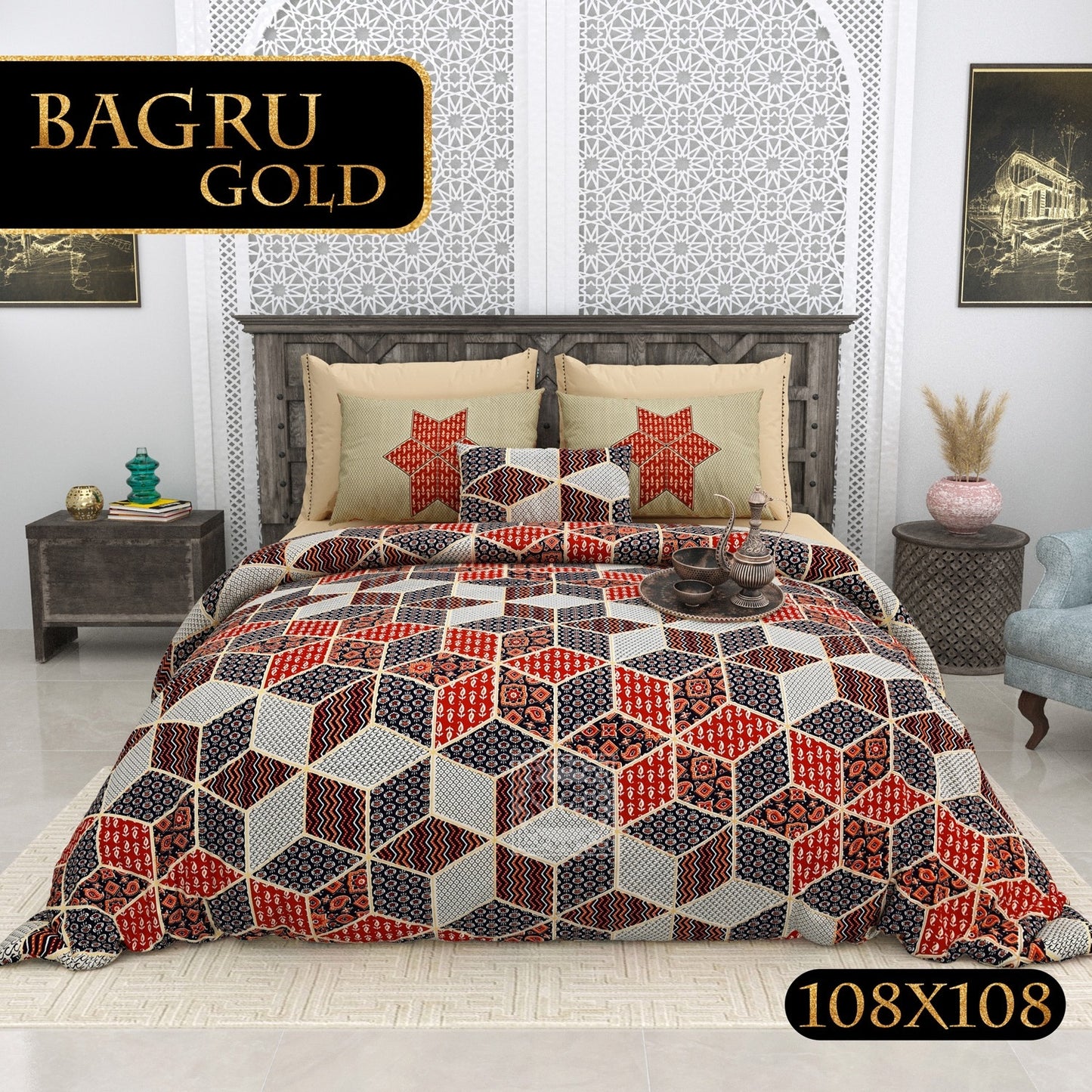 BAGRU GOLD FESTIVE OCCASION DESIGN 5 KING SIZE BEDSHEET