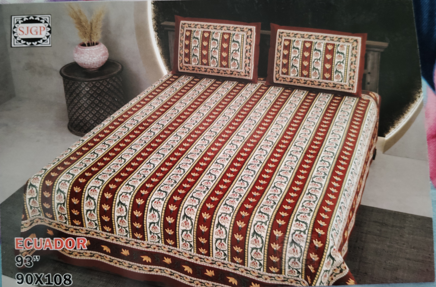 ECUADOR MAROON - CREAM VERTICAL FLORAL LINED COTTON QUEEN SIZE BEDSHEET