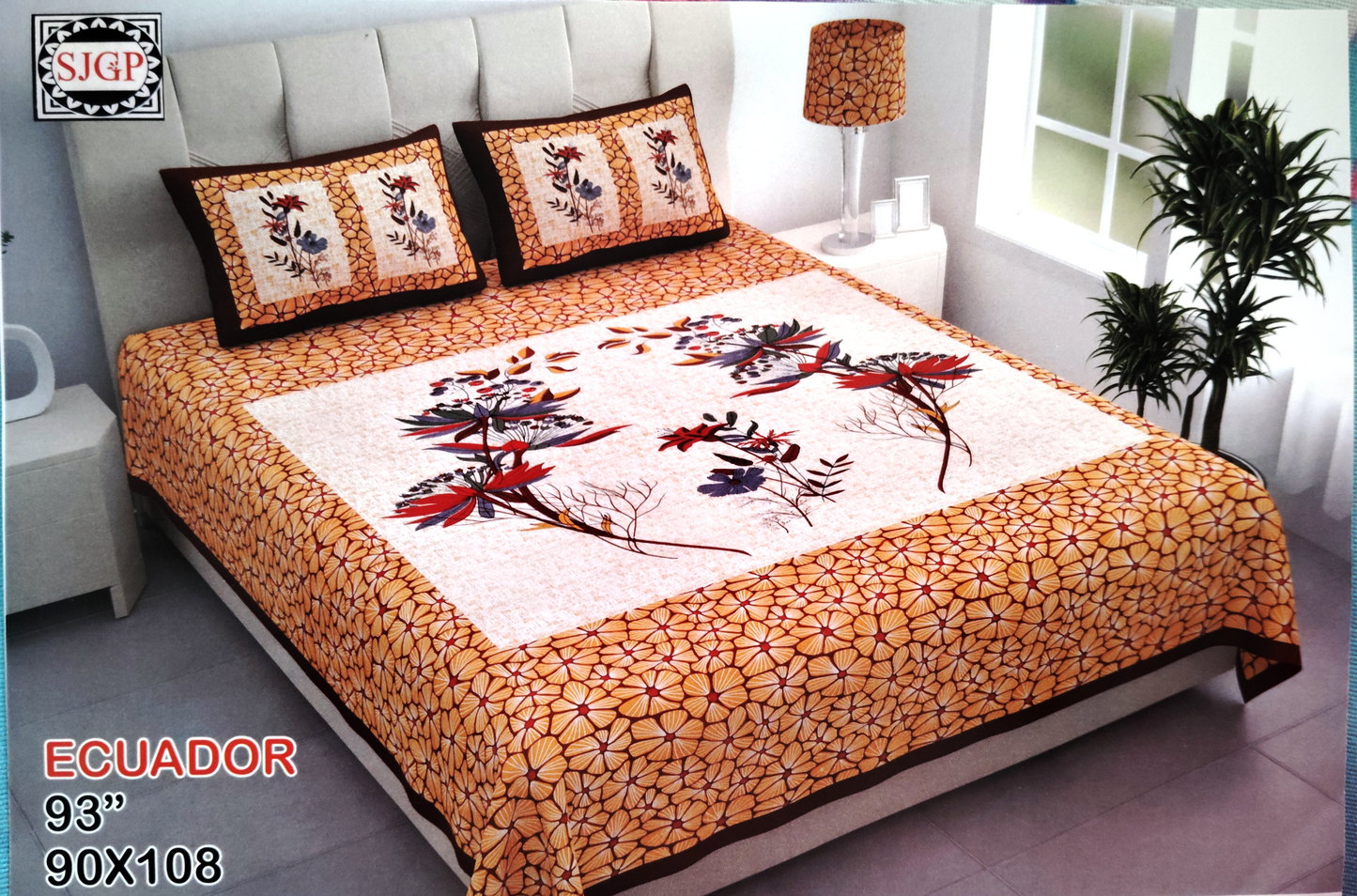 ECUADOR ORANGE- MAROON FLORAL COTTON QUEEN SIZE BEDSHEET