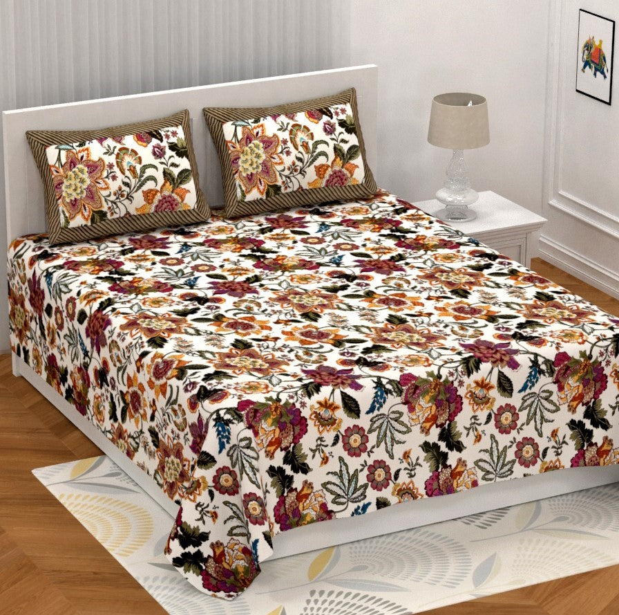 FLORAL PRINTED KING SIZE OFF WHITE COTTON BEDSHEETS