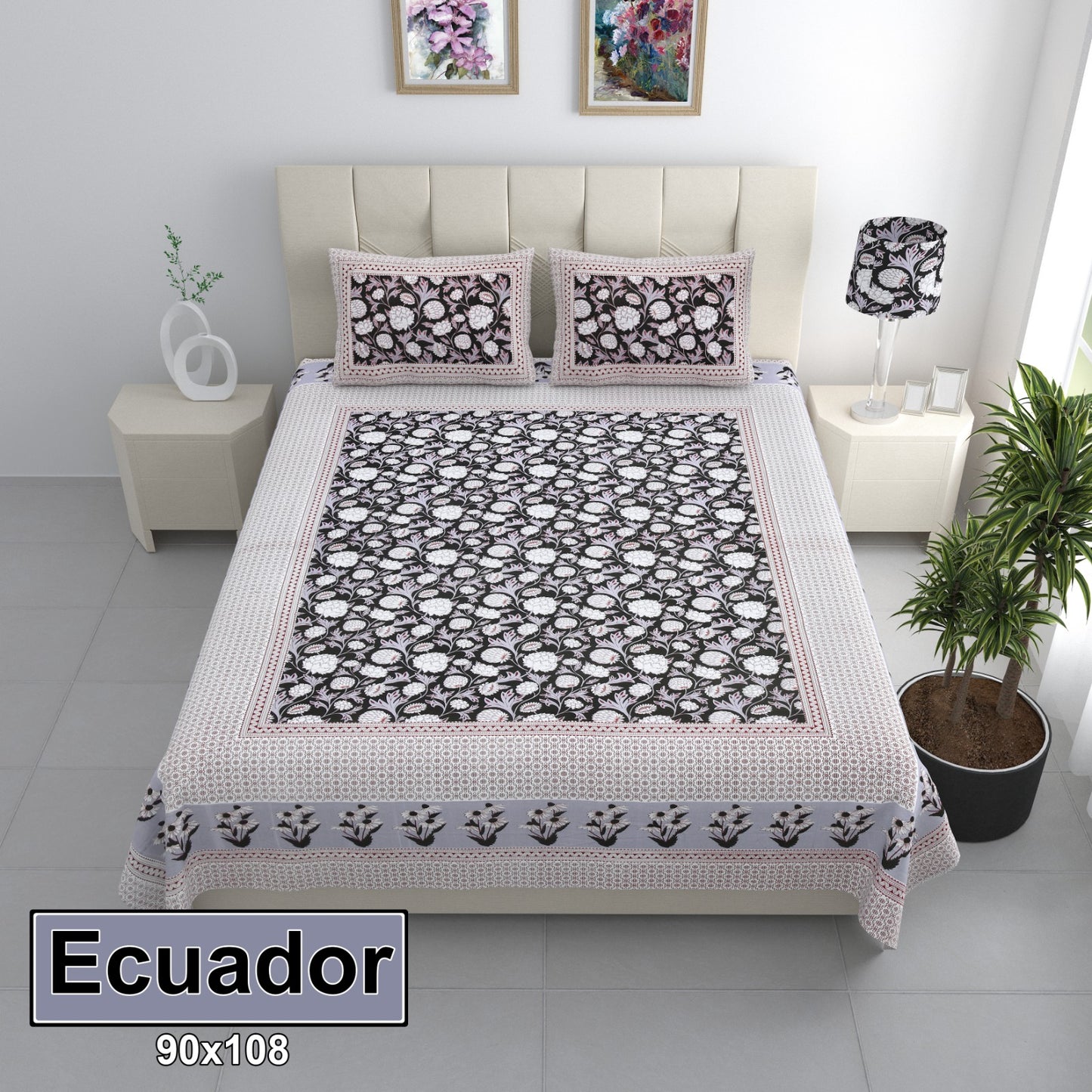 ECUADOR OFF WHITE WITH FLORAL BORDER COTTON QUEEN SIZE BEDSHEET