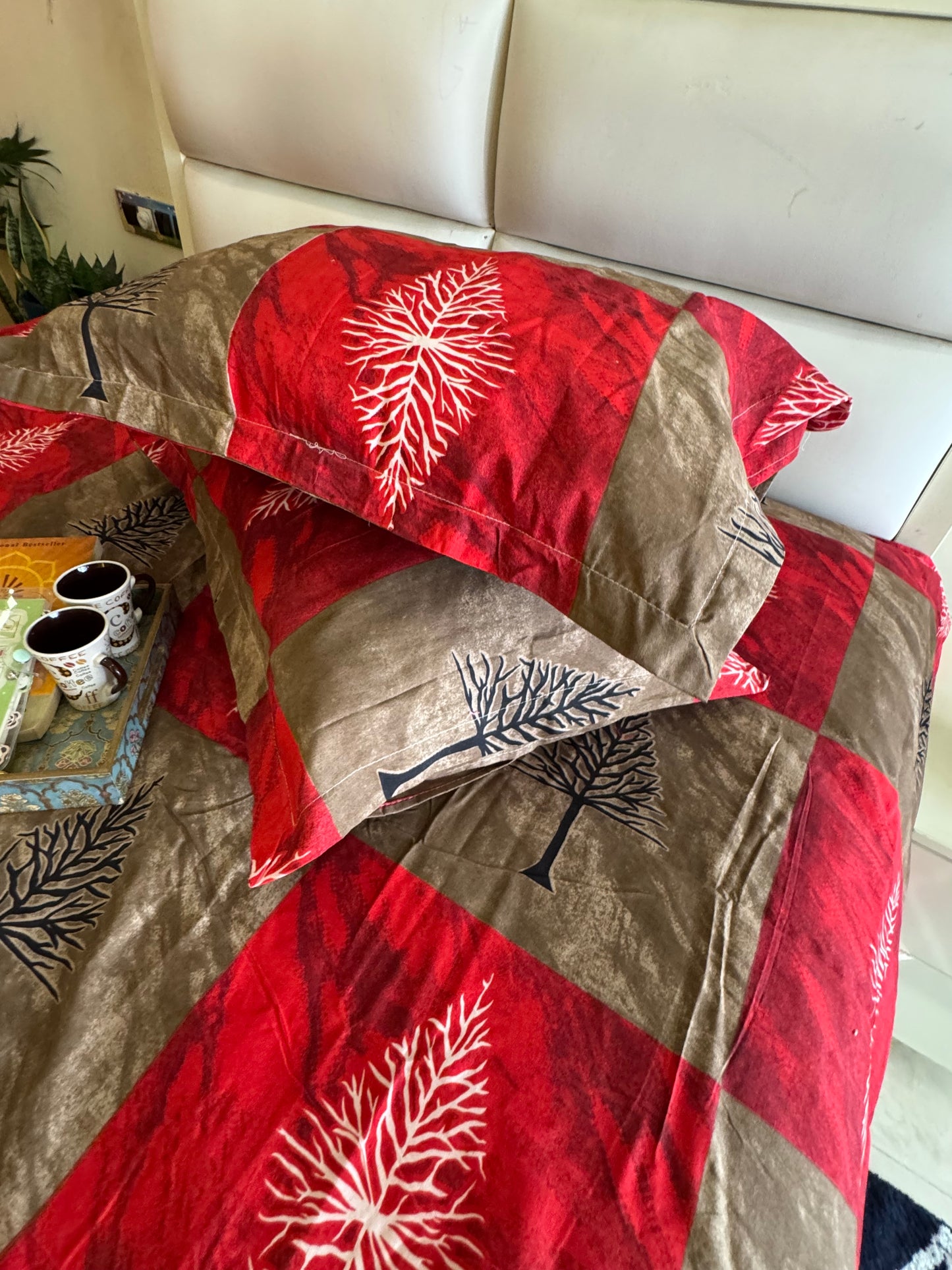 BERLIN RED BROWN FERN MICROFIBER QUEEN SIZE BEDSHEET