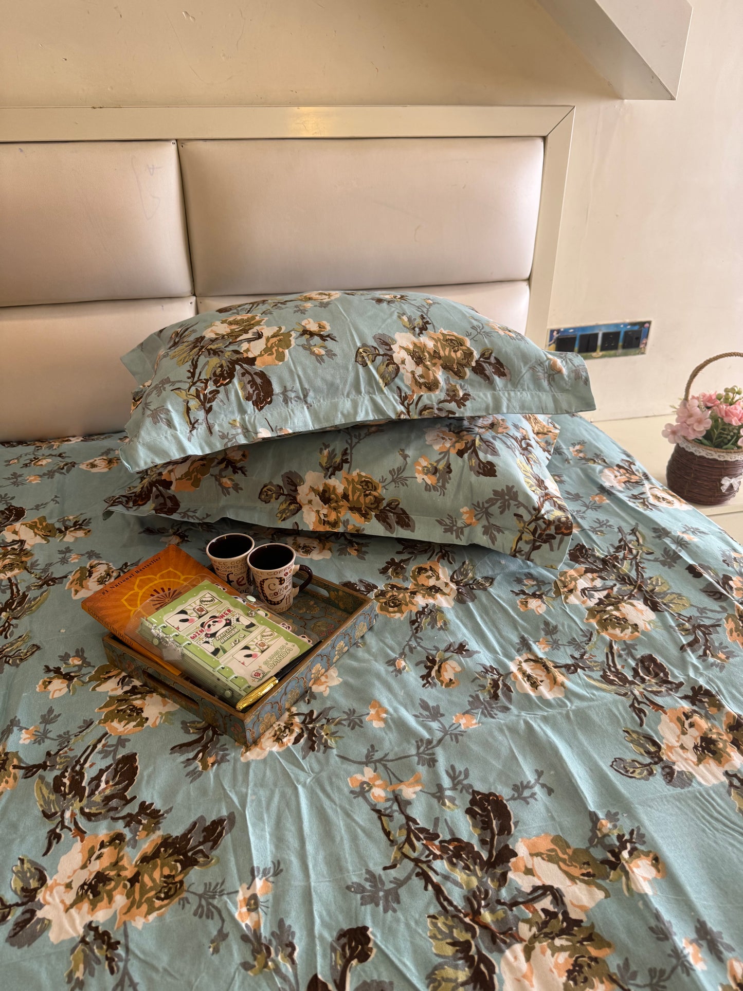 BERLIN PASTEL BLUE FLORAL MICROFIBER QUEEN SIZE BEDSHEET