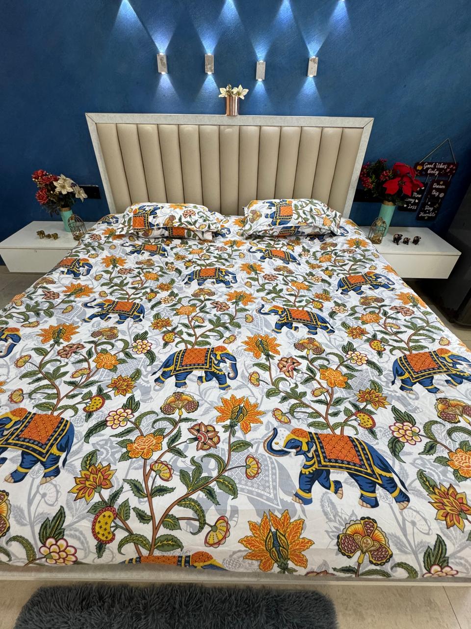 FITTED KING SIZE ELEPHANT PRINT GLACE COTTON WHITE BEDSHEET