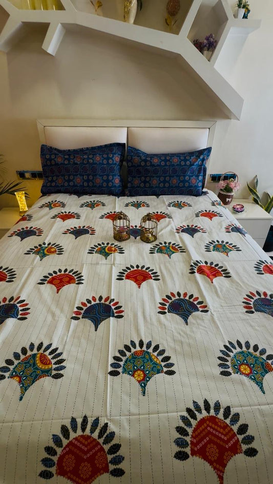 Pure Cotton Royal Blue Chunri Print OFF WHITE Bedsheet