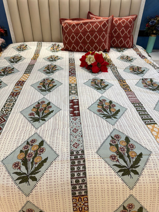 Pure Cotton Katha Work OFF White Bedsheet