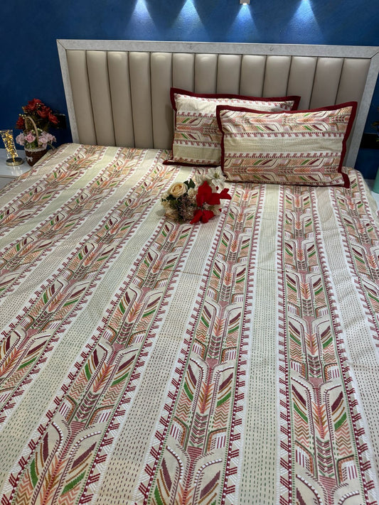 Pure Cotton Katha Work Striped Cream Bedsheet