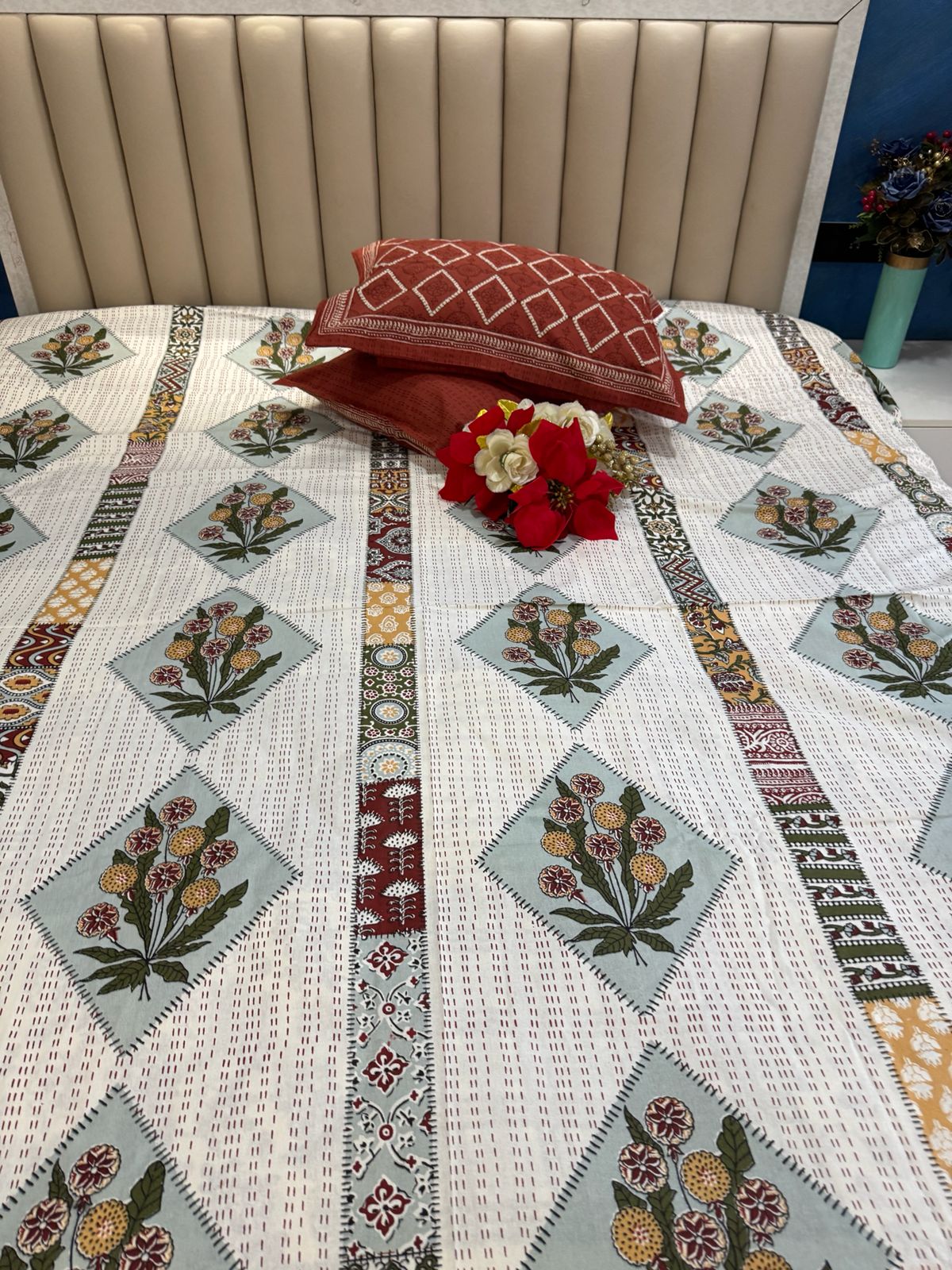 Pure Cotton Katha Work OFF White Bedsheet