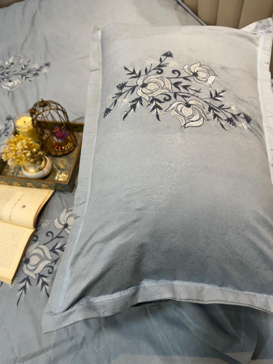 Soft Cotton Light Pastel Blue Embossed Embroidery Bedsheet Set