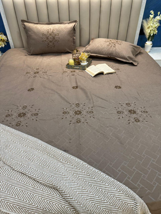 Soft Cotton Brown Embossed Embroidered Bedsheet Set