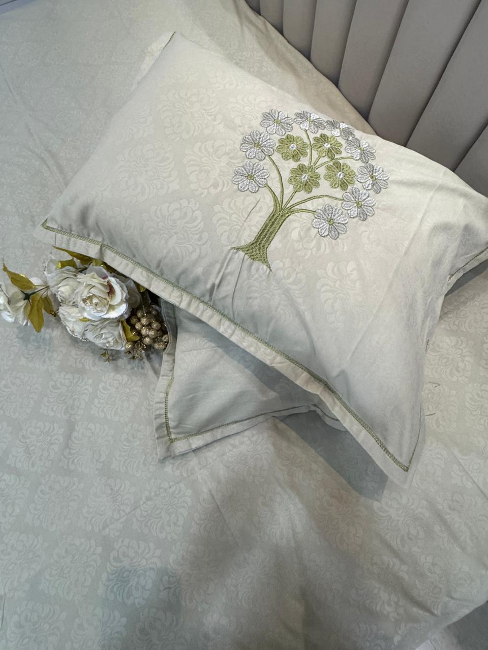 Soft Cotton Light Green Embossed Embroidery Bedsheet Set
