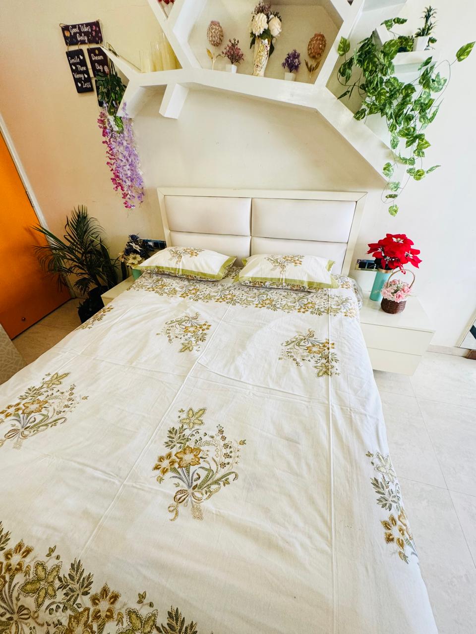 Pure Cotton Haryali Floral Designer Off White Bedsheet