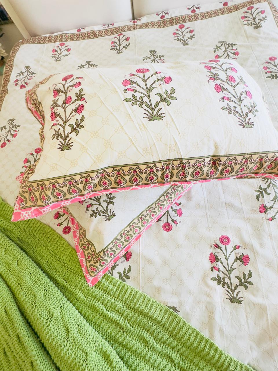 Pure Cotton Gulabi Floral Booti Off White Bedsheet