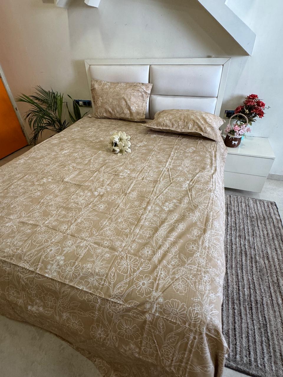 Soft Cotton Beige Blossom King Size Bedsheet