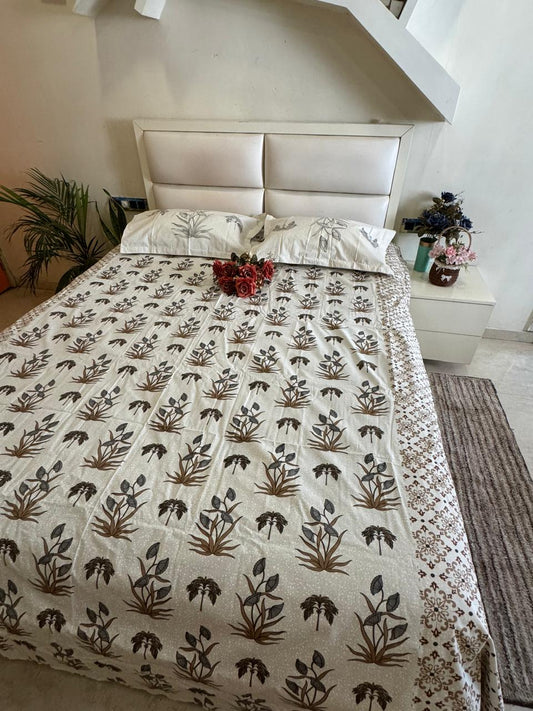 Pure Cotton Brown Blossom King Size Bedsheet