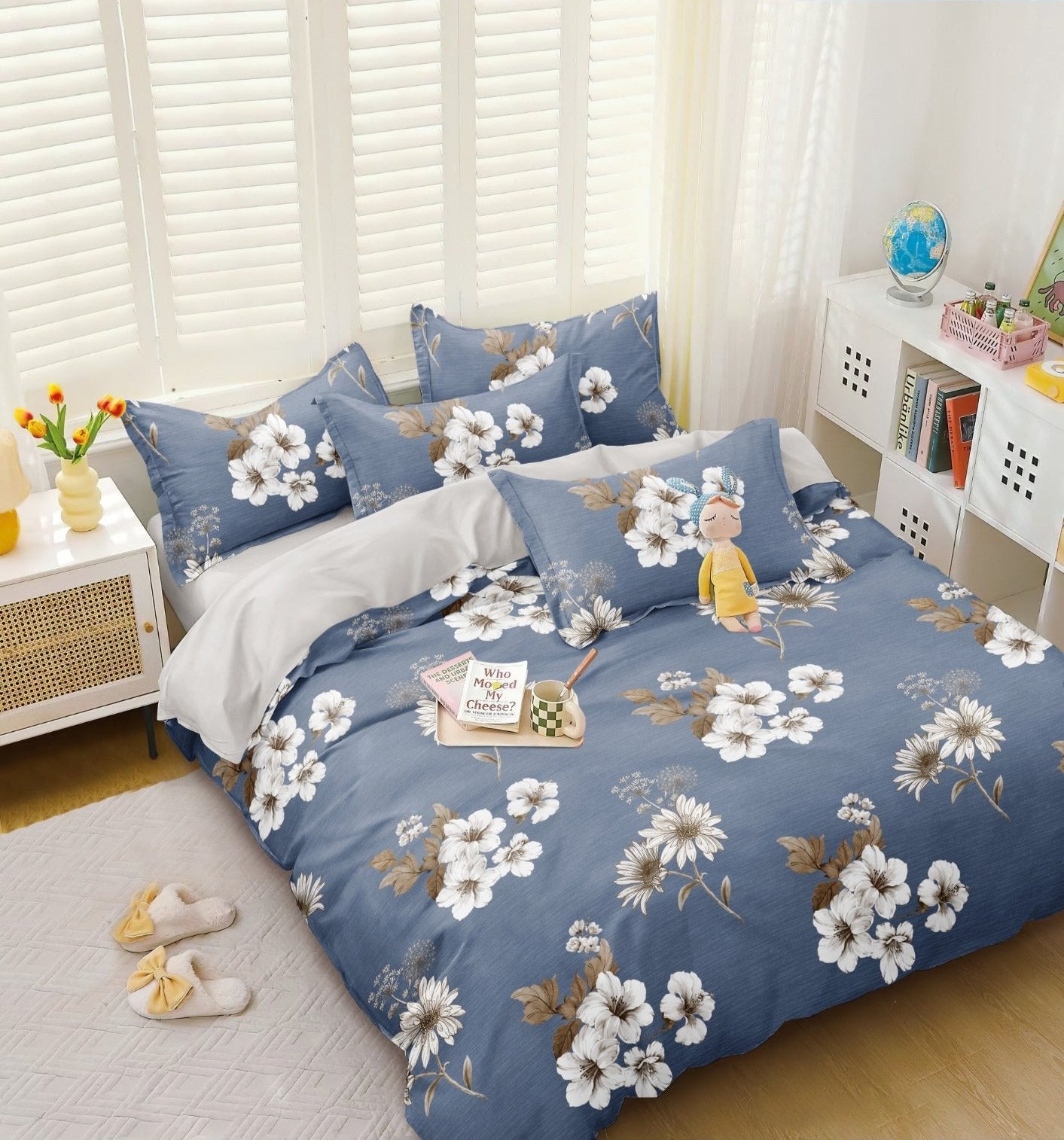 BELLEZA AIRFORCE BLUE FLORAL DOUBLE SIZE MICROFIBER BEDSHEET