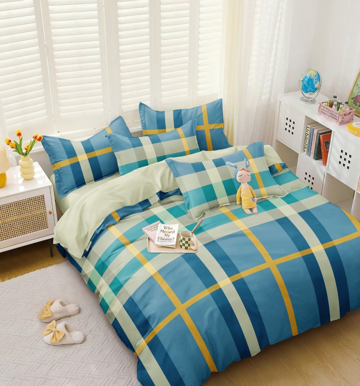 BELLEZA BLUE CHECKERED DOUBLE SIZE MICROFIBER BEDSHEET