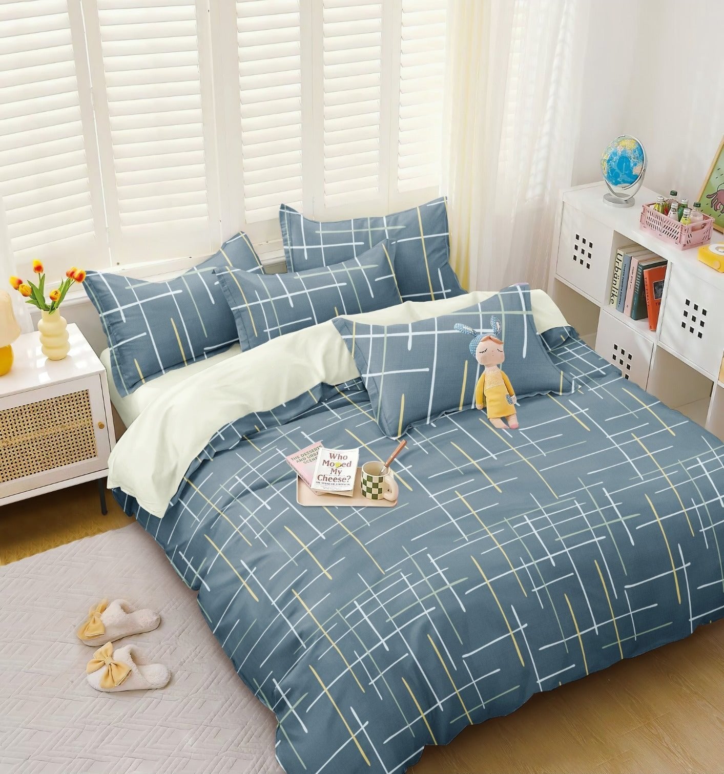 BELLEZA TEAL BLUE PLUS LINE DOUBLE SIZE MICROFIBER BEDSHEET