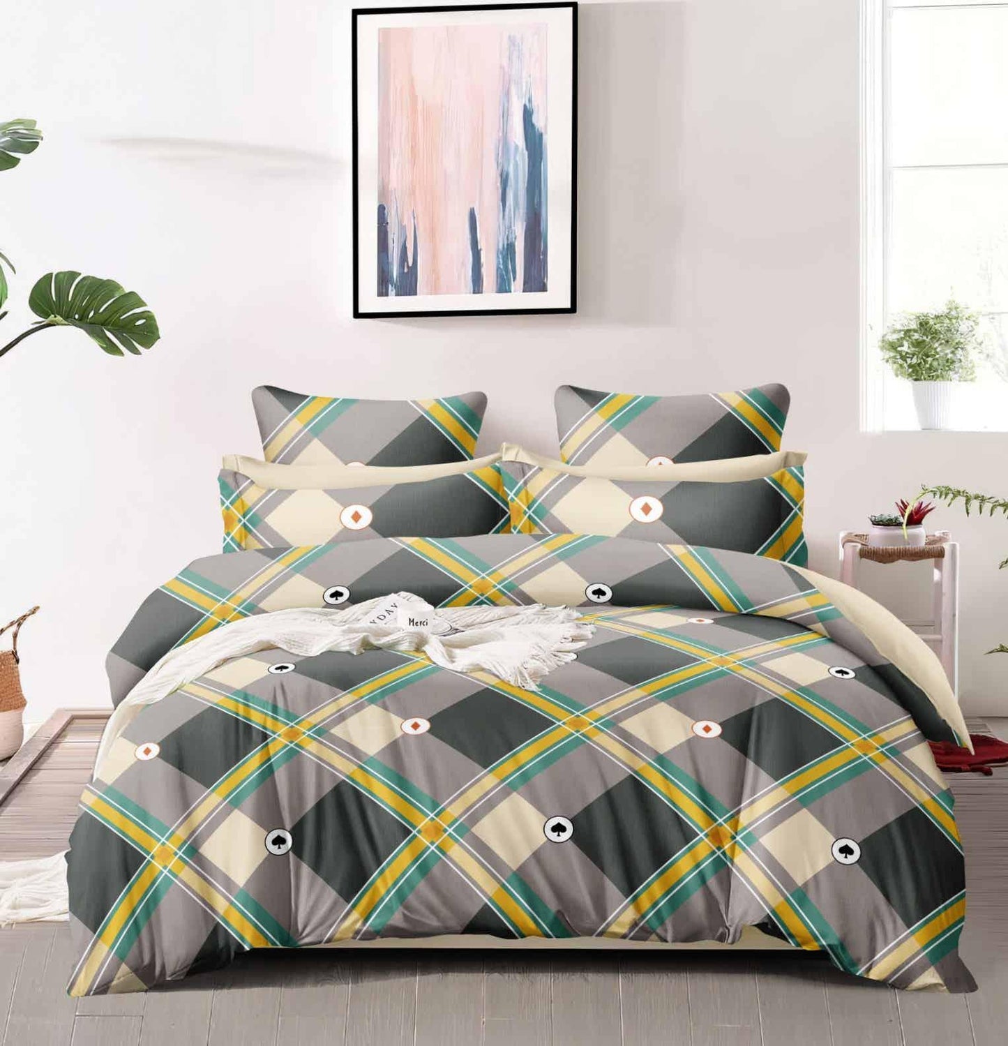 BELLEZA GREY-CREAM CROSS CHECKERED DOUBLE SIZE MICROFIBER BEDSHEET