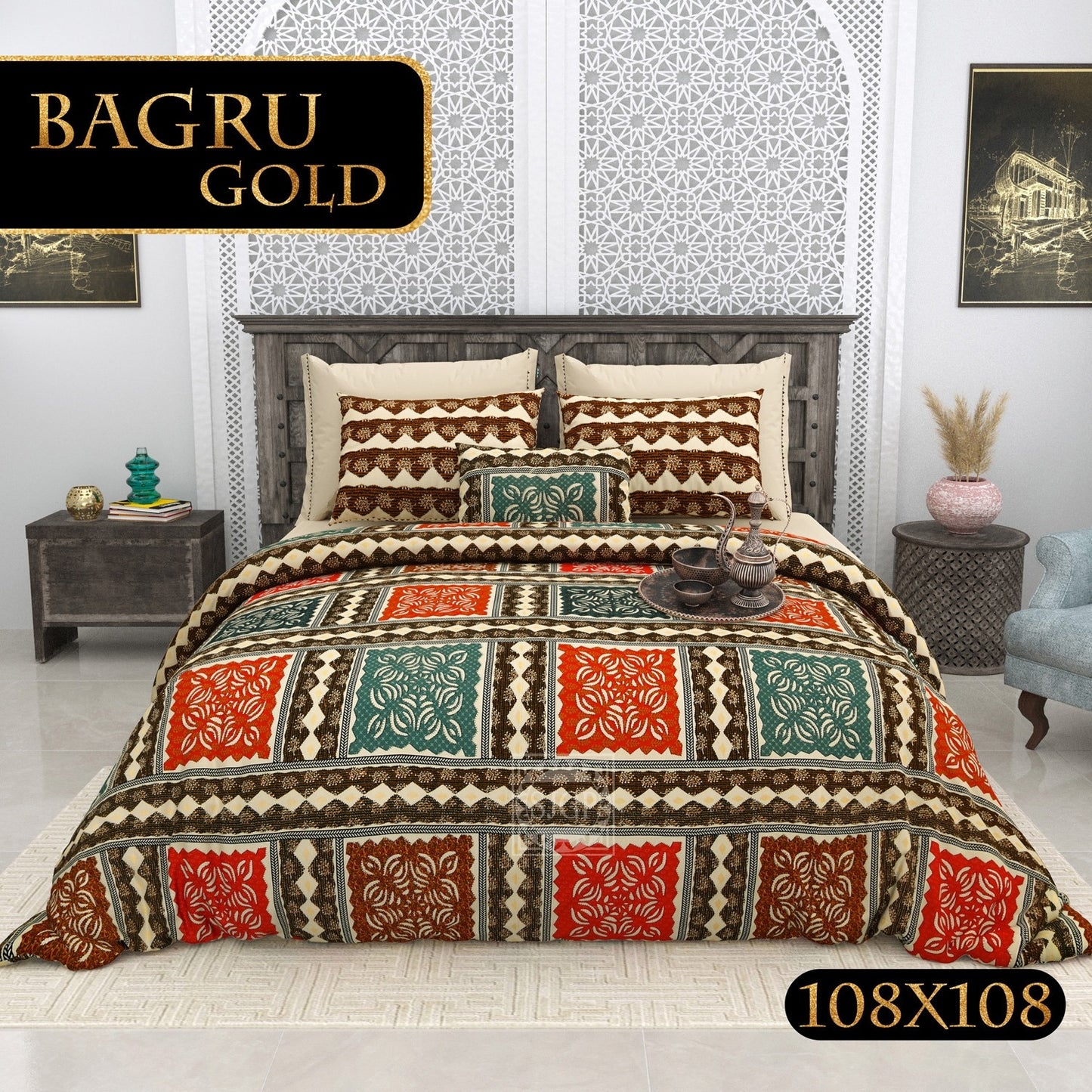 BAGRU GOLD FESTIVE OCCASION DESIGN 3 KING SIZE BEDSHEET
