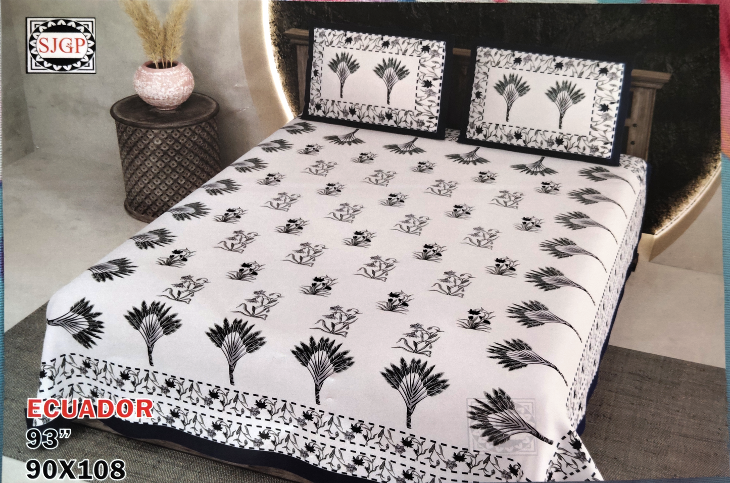 ECUADOR OFF WHITE WITH JADE BLUE FLORAL DESIGN COTTON QUEEN SIZE BEDSHEET
