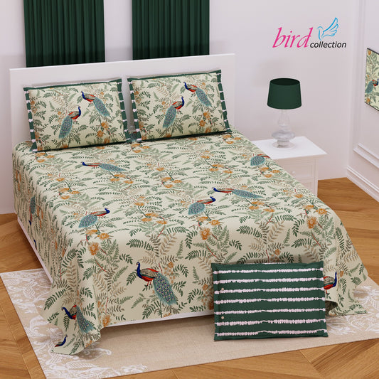 PEACOCK PRINT COTTON OFF WHITE KING SIZE BEDSHEET