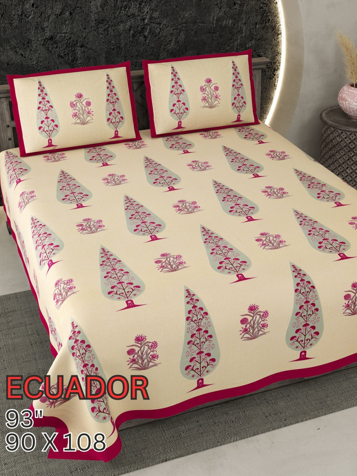 ECUADOR CREAM WITH MAGENTA FLORAL QUEEN SIZE COTTON BEDSHEET