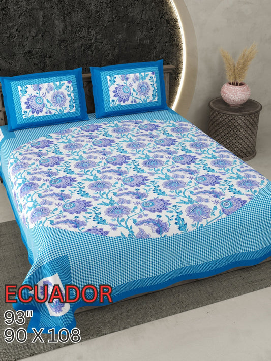 ECUADOR SKY BLUE FLORAL QUEEN SIZE COTTON BEDSHEET