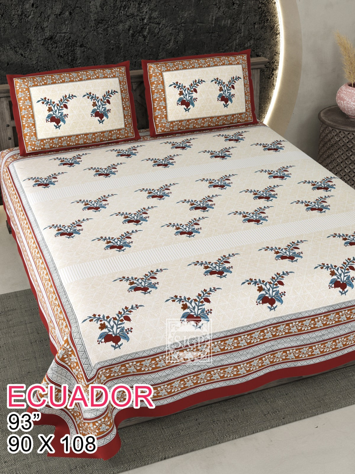 ECUADOR CREAM WITH PINK FLORAL DESIGN QUEEN SIZE COTTON BEDSHEET