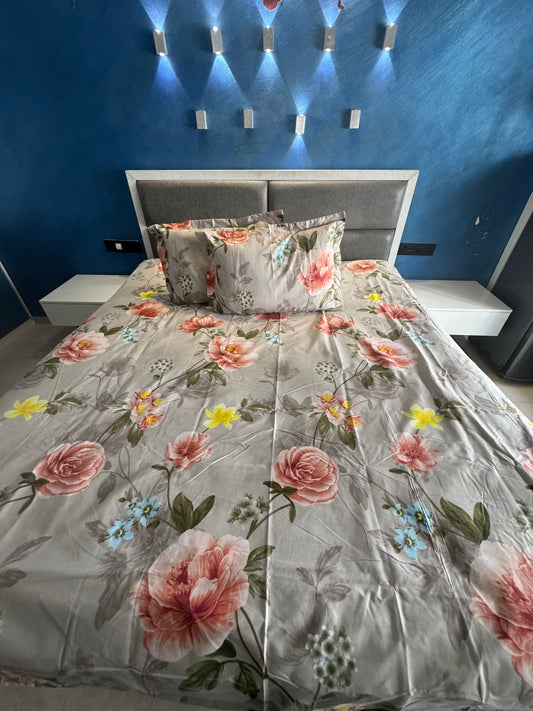 DIGITALART LIGHT GREY FLORAL KING SIZE BEDSHEET