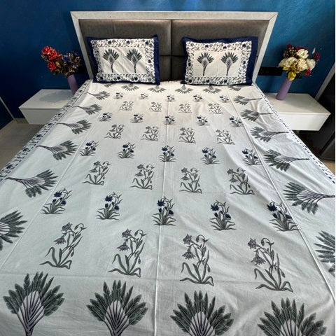 ECUADOR OFF WHITE WITH JADE BLUE FLORAL DESIGN COTTON QUEEN SIZE BEDSHEET