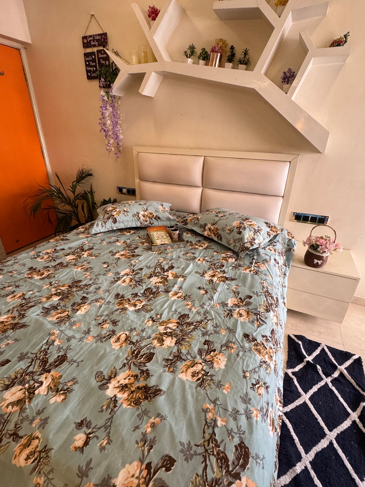 BERLIN PASTEL BLUE FLORAL MICROFIBER QUEEN SIZE BEDSHEET
