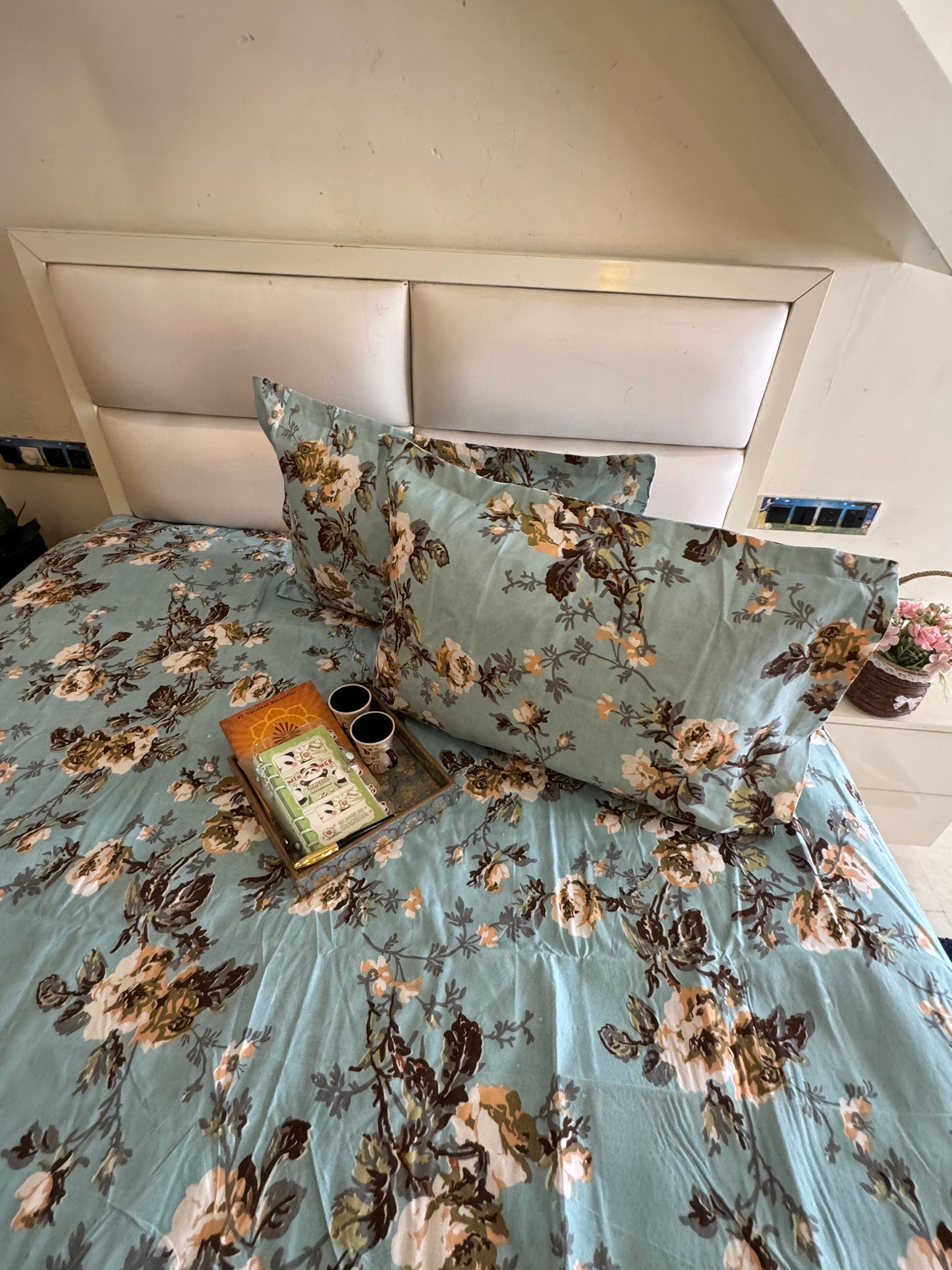 BERLIN PASTEL BLUE FLORAL MICROFIBER QUEEN SIZE BEDSHEET