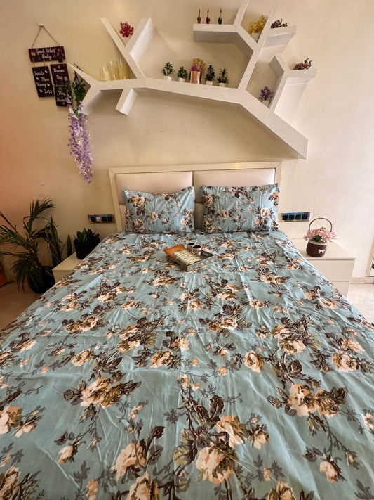 BERLIN PASTEL BLUE FLORAL MICROFIBER QUEEN SIZE BEDSHEET