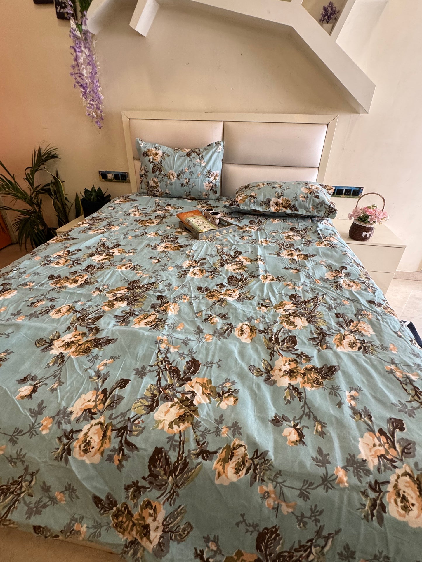 BERLIN PASTEL BLUE FLORAL MICROFIBER QUEEN SIZE BEDSHEET