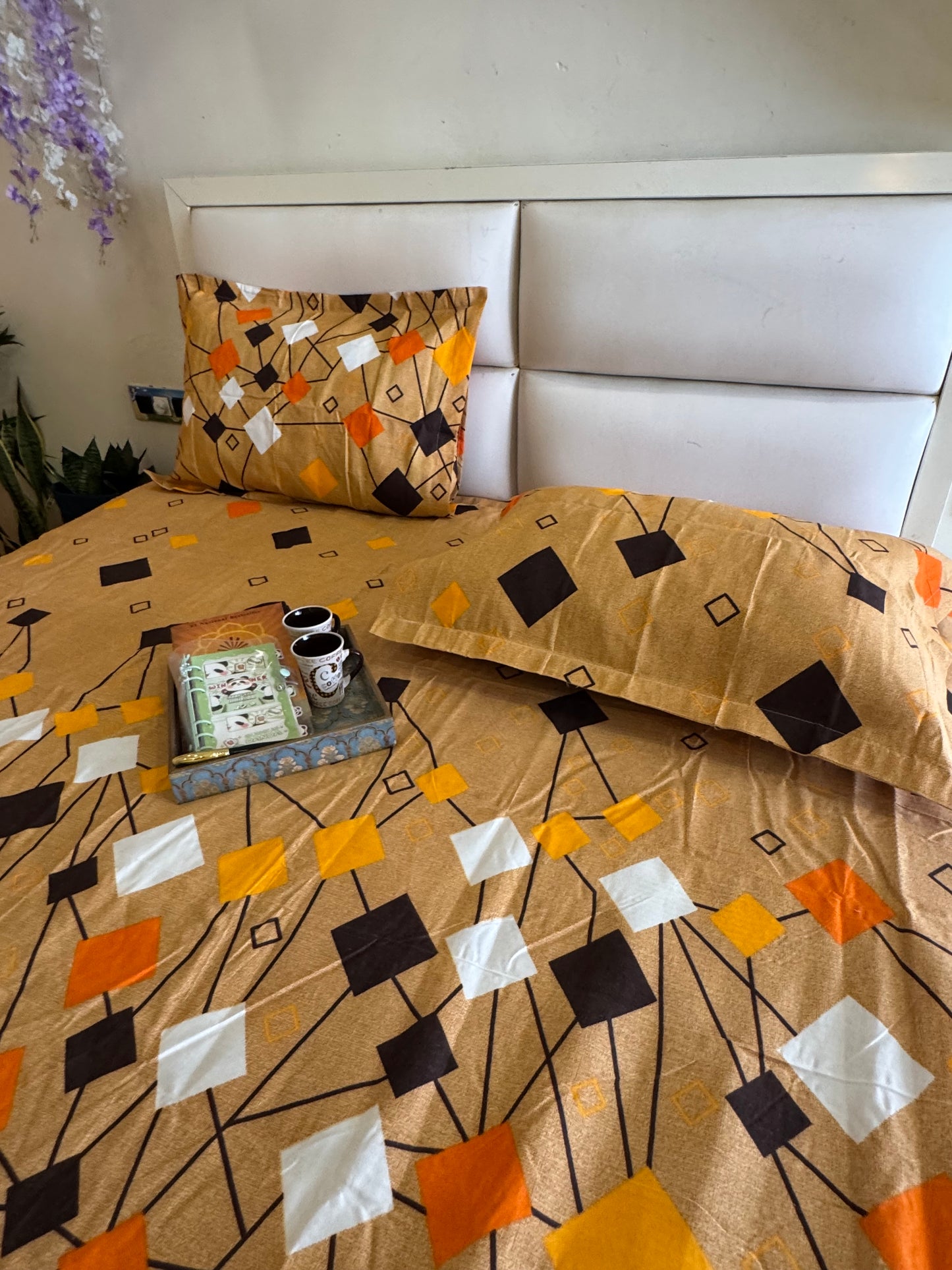 BERLIN YELLOW ORANGE GEOMETRIC DOUBLE SIZE MICROFIBER BEDSHEET