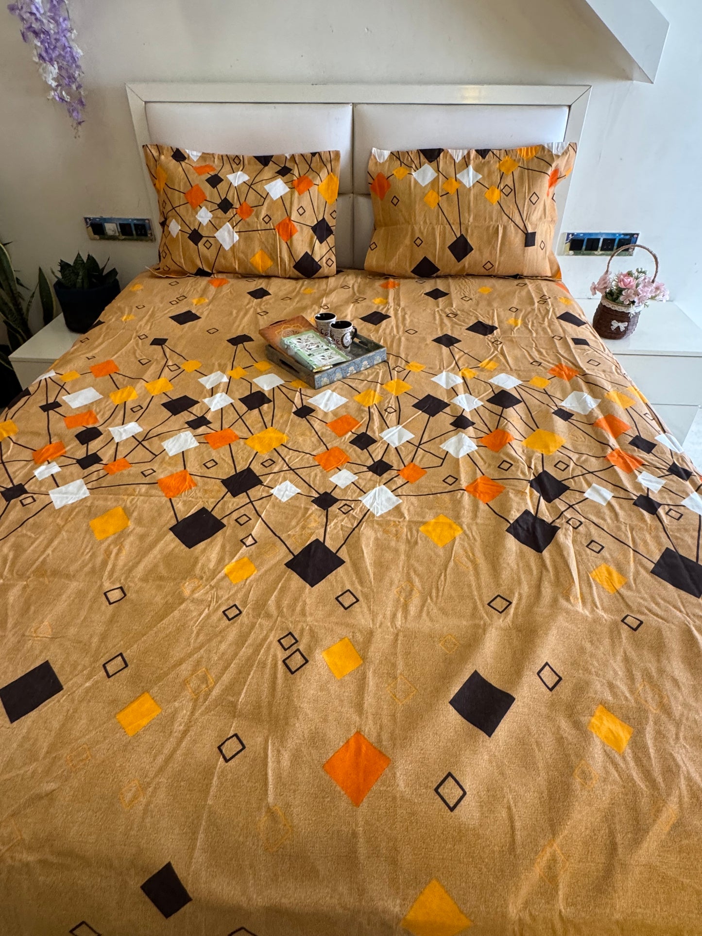 BERLIN YELLOW ORANGE GEOMETRIC DOUBLE SIZE MICROFIBER BEDSHEET