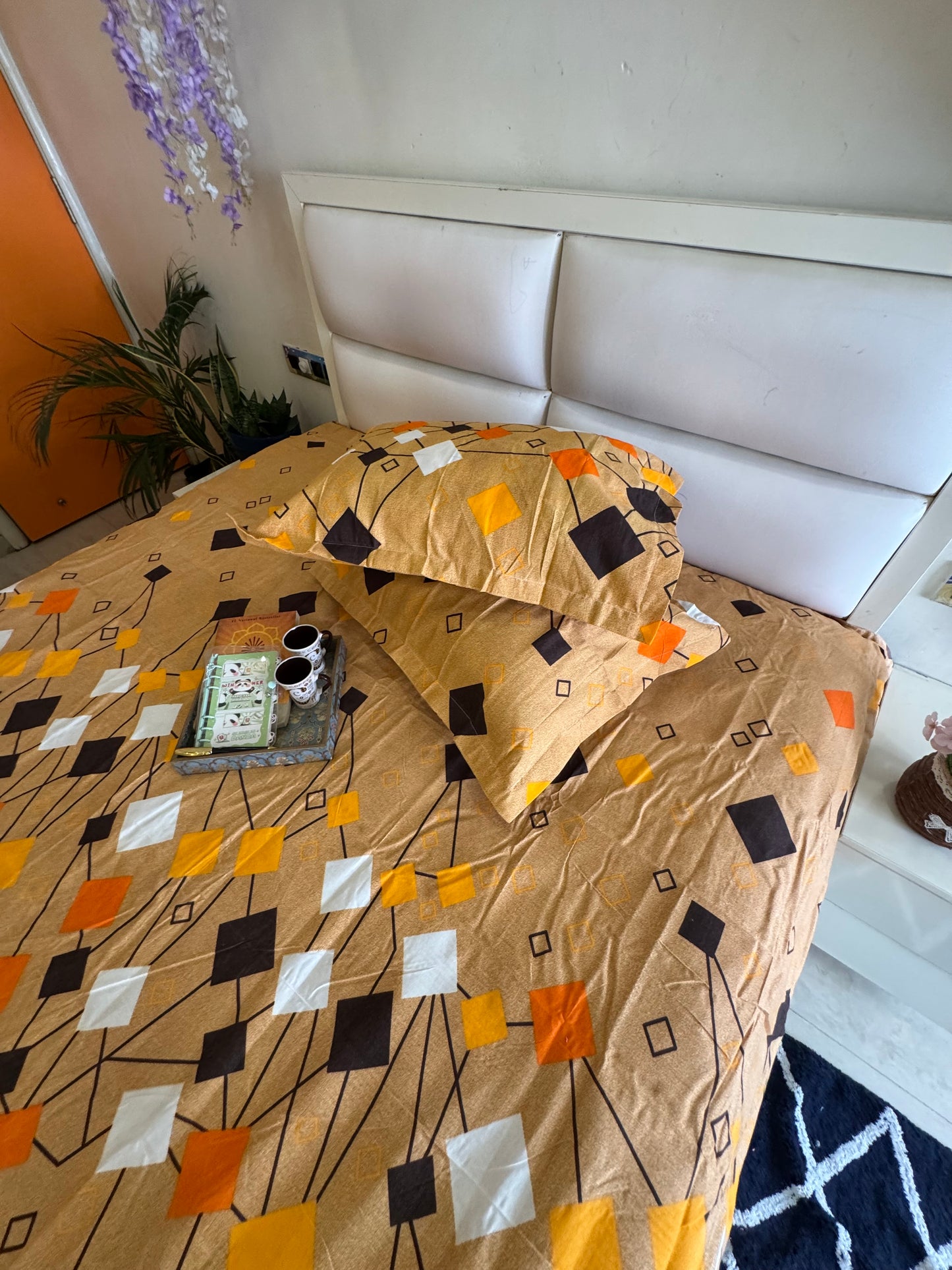 BERLIN YELLOW ORANGE GEOMETRIC DOUBLE SIZE MICROFIBER BEDSHEET
