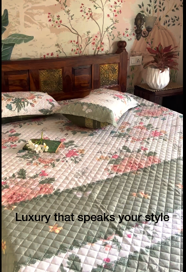 CADBURY KING SIZE FLORAL WHITE GREEN BEDCOVER