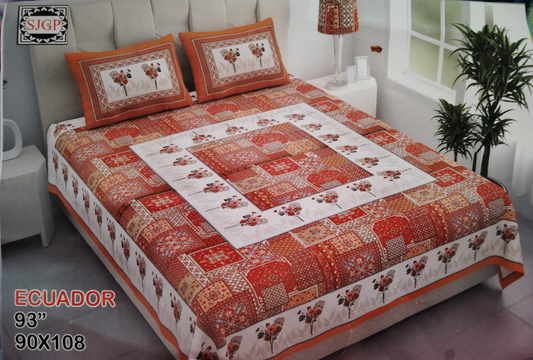 ECUADOR  ORANGE FLORAL BORDER COTTON QUEEN SIZE BEDSHEET