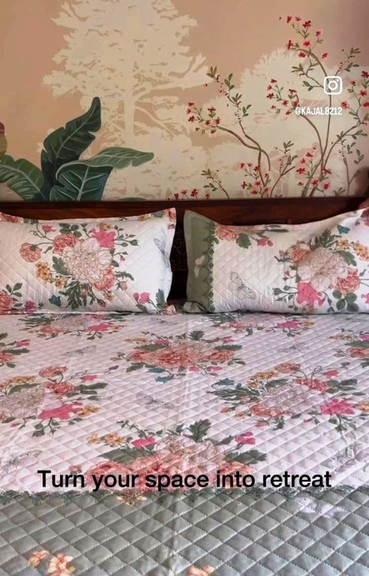 CADBURY KING SIZE FLORAL WHITE GREEN BEDCOVER