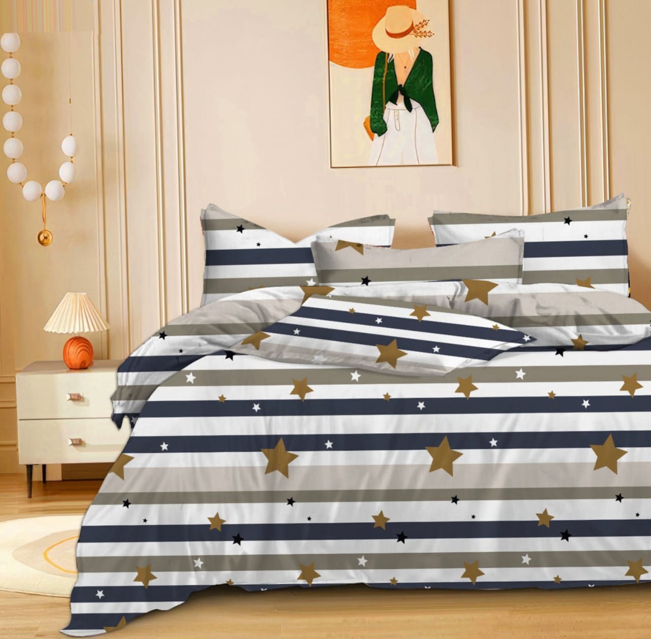 FITTED QUEEN SIZE GLACE COTTON LIGHT GREY STAR BEDSHEET