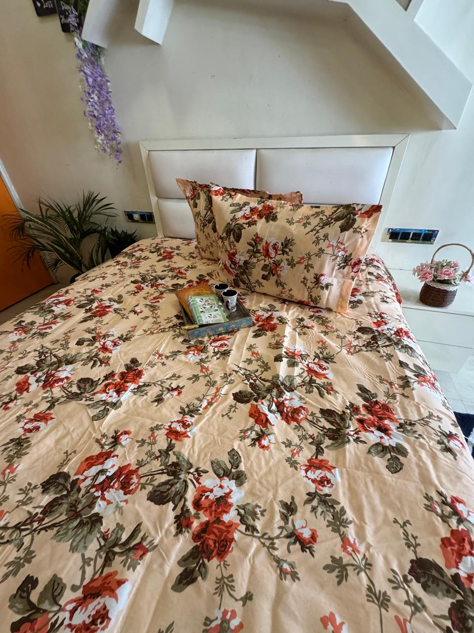 BERLIN PEACH FLORAL QUEEN SIZE  MICROFIBER BEDSHEET