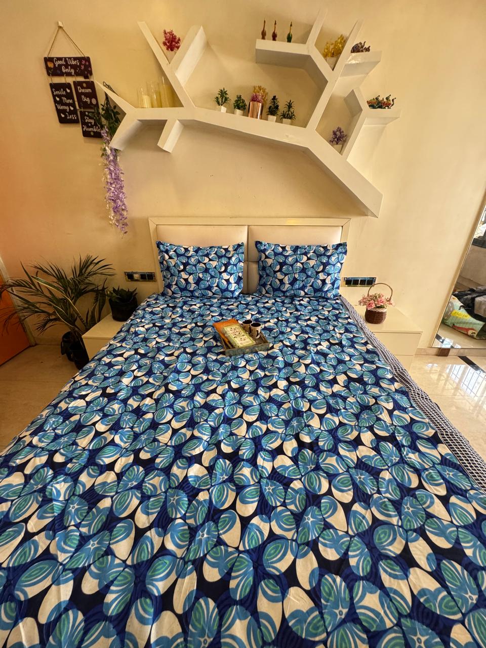 BERLIN NAVY BLUE FLORAL DOUBLE SIZE MICROFIBER BEDSHEET
