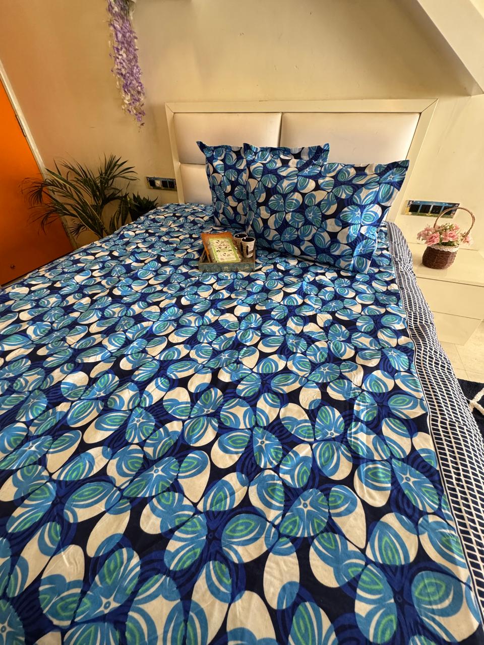 BERLIN NAVY BLUE FLORAL DOUBLE SIZE MICROFIBER BEDSHEET