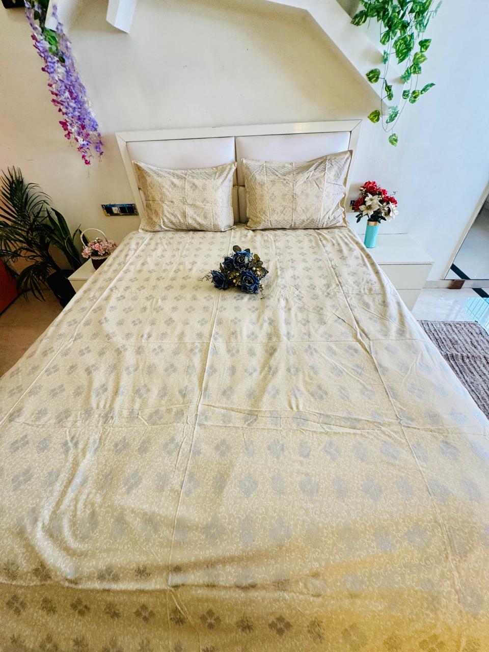 SILVER PRINT DIAMOND MOTIFS BEIGE PURE COTTON BEDSHEET