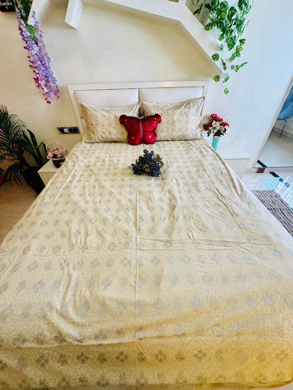 SILVER PRINT DIAMOND MOTIFS BEIGE PURE COTTON BEDSHEET
